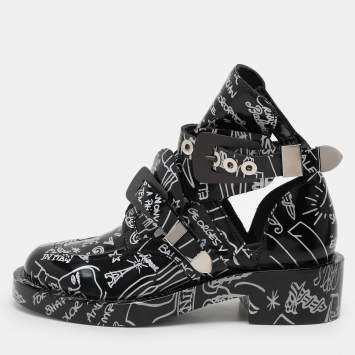 Pre Owned Balenciaga Black Patent Leather Graffiti Booties Size 38