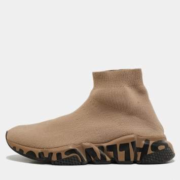 Pre Owned Balenciaga Beige Knit Fabric Graffiti Speed Trainer Sneakers Size 38