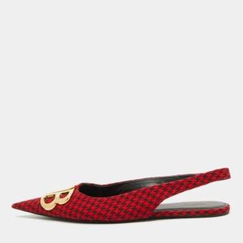 Pre Owned Balenciaga Red Houndstooth Tweed Knife BB Knife Pointy Toe Slingback Flats Size 39.5