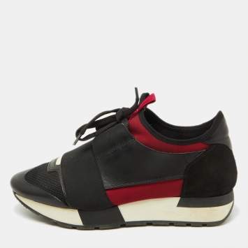 Pre Owned Balenciaga Black/Burgundy Leather and Mesh Race Runner Sneakers Size 37