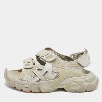 Pre Owned Balenciaga Grey Faux Leather and Rubber Track Flat Sandals Size 35