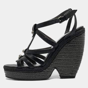 Pre Owned Balenciaga Black Leather Arena Wedge Espadrille Sandals Size 39