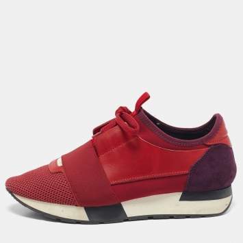 Pre Owned Balenciaga Red Mesh And Leather Race Runner Low Top Sneakers Size 39 