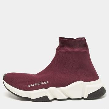 Pre Owned Balenciaga Burgundy Knit Fabric Speed Trainer Sneakers Size 36