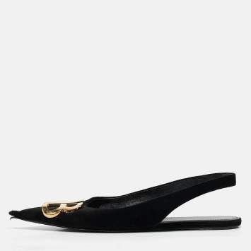 Pre Owned Balenciaga Black Suede Knife Pointed Toe Slingback Flats Size 35