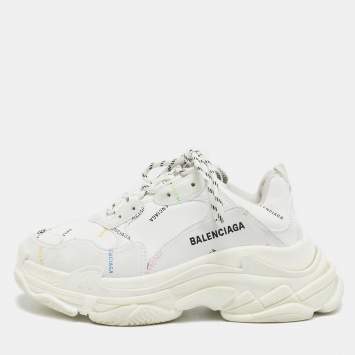 Pre Owned Balenciaga White Leather Triple S All Over Logo Sneakers Size 39