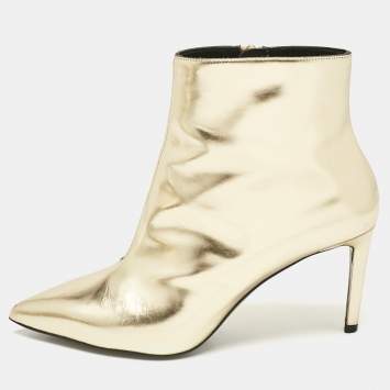 Pre Owned Balenciaga Gold Leather Pointed Toe Ankle Length Boots Size 38