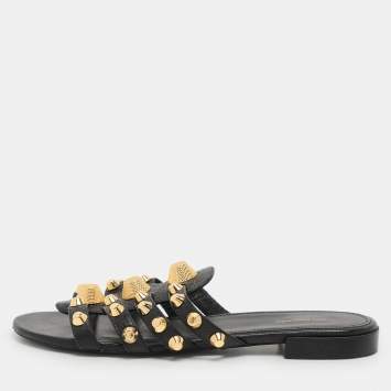 Pre Owned Balenciaga Black Leather Arena Ballet Flats Size 38