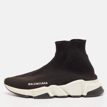Pre Owned Balenciaga Black Knit Fabric Speed Trainer High Top Sneakers Size 38