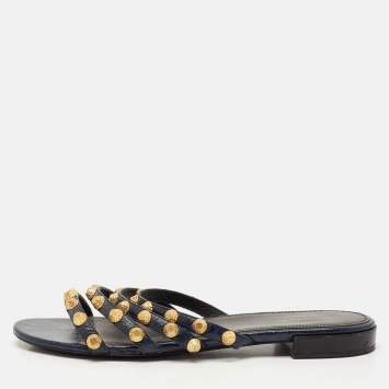 Pre Owned Balenciaga Navy Blue Leather Arena Flat Sandals Size 39.5