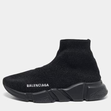 Pre Owned Balenciaga Black/Silver Glitter Knit Fabric Speed Trainer High-Top Sneakers Size 36