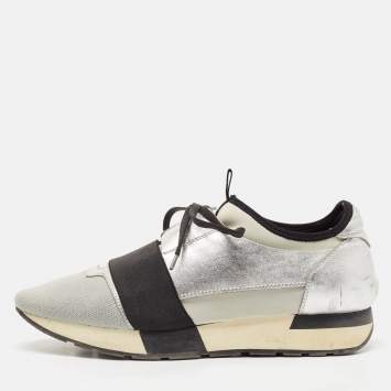 Pre Owned Balenciaga Silver Leather and Fabric Race Runner Low Top Sneakers Size 40