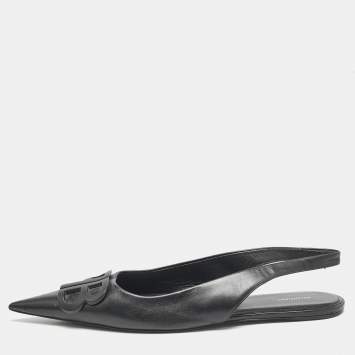 Balenciaga Black Leather BB Knife Pointed Toe Slingback Flats Size 40