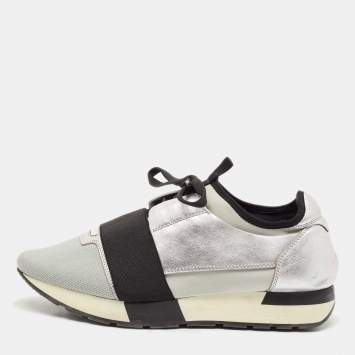 Pre Owned Balenciaga Silver Leather and Knit Fabric Race Runner Low Top Sneakers Size 39