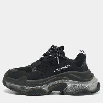 Pre Owned Balenciaga Black Mesh and Faux Leather Triple S Clear Sneakers Size 38