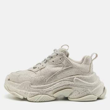 Pre Owned Balenciaga Grey Suede Crystal Embellished Triple S Sneakers Size 37