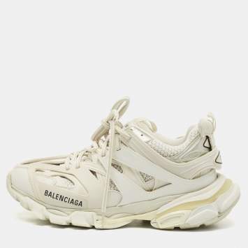 Pre Owned Balenciaga White  Mesh and Faux Leather Track Sneakers Size 38