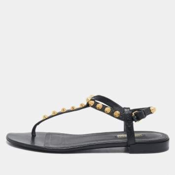Pre Owned Balenciaga Black Leather Arena Thong Flats Size 39.5