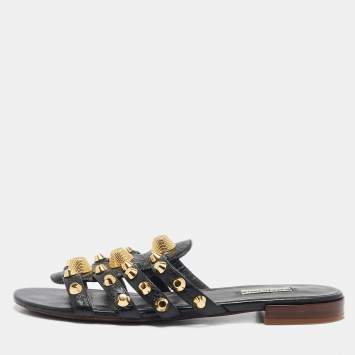 Pre Owned Balenciaga Black Leather Arena Flat Slides Size 40