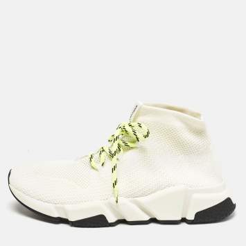 Pre Owned Balenciaga Off White Knit Fabric Speed Trainer Sneakers Size 40