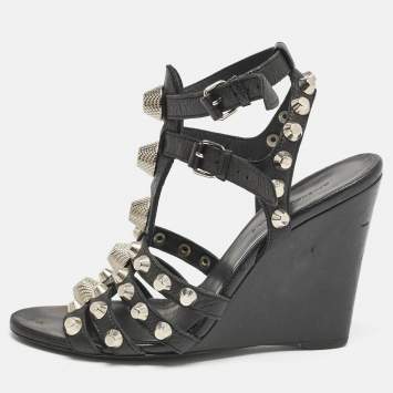 Balenciaga Black Leather Arena Studded Strappy Wedge Sandals Size 38