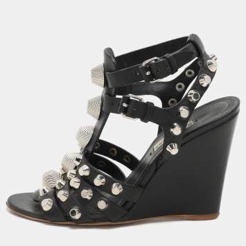 Pre Owned Balenciaga Black Leather Arena Wedge Sandals Size 35