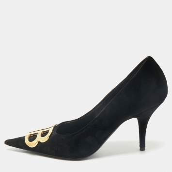 Pre Owned Balenciaga Black Velvet BB Pointed Toe Pumps Size 38