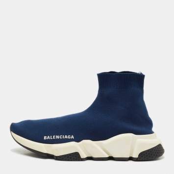 Balenciaga Dark Blue Knit Fabric Speed Trainer Sneakers Size 38