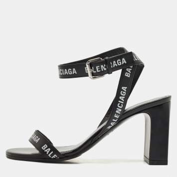 Balenciaga Black Logo Print Leather Ankle Strap Sandals Size 38