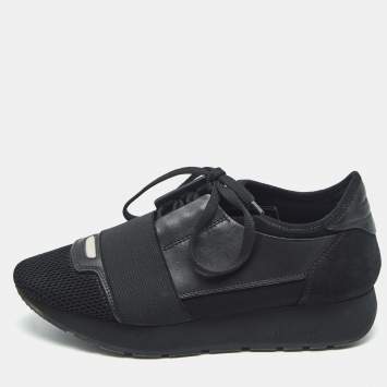 Balenciaga Black Leather and Mesh Race Runner Low Top Sneakers Size 36