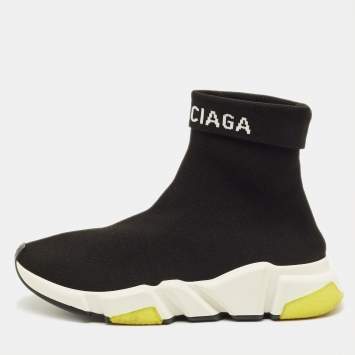 Pre Owned Balenciaga Speed Trainer Size 37 Black Knit Fabric High Top Sneakers