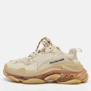 Balenciaga Cream Mesh and Faux Leather Triple S Clear Sole Sneakers Size 39