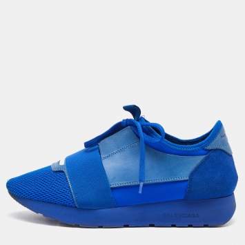 Pre Owned Balenciaga Blue Leather, Suede and Mesh Race Runner Low Top Sneakers Size 39