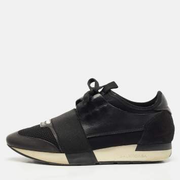 Pre Owned Balenciaga Black Leather and Mesh Race Runner Sneakers Size 38