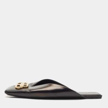Pre Owned Balenciaga Black Leather Double Square BB Flat Mules Size 41