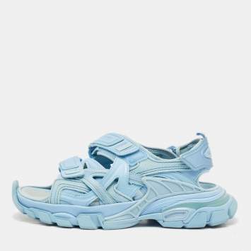 Pre Owned Balenciaga Blue Faux Leather and Rubber Track Slingback Sandals Size 39