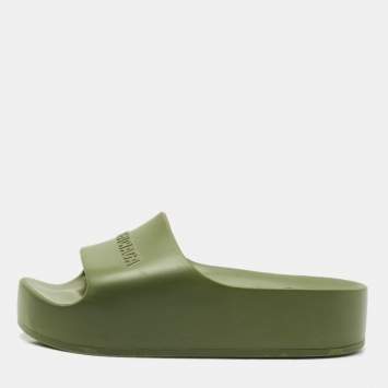 Balenciaga Dark Green Rubber Chunky Logo Pool Slides Size 38