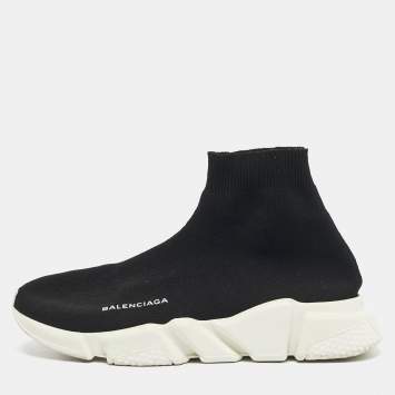 Pre Owned Balenciaga Black Knit Fabric Speed Trainer High Top Sneakers Size 40