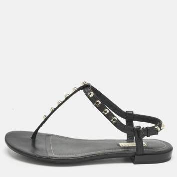 Pre Owned Balenciaga Black Leather Arena Thong Flats Size 39.5