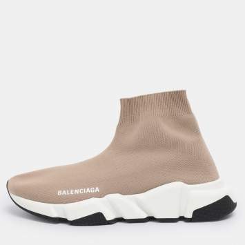 Pre Owned Balenciaga Light Brown Knit Fabric Speed Trainer Sneakers Size 39