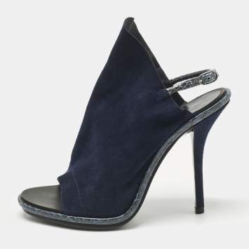 Pre Owned Balenciaga Navy Blue Suede and Python Open Toe Glove Slingback Sandals Size 39.5