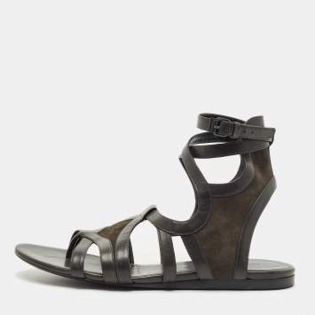 Pre Owned Balenciaga Green Leather and Suede Strappy Flat Sandals Size 40