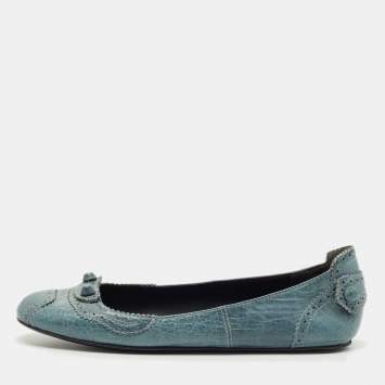 Pre Owned  Balenciaga Blue Brogue Leather Arena Studded Ballet Flats Size 39.5