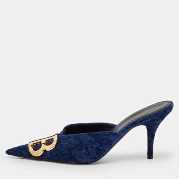 Pre Owned Balenciaga Navy Blue Velvet BB Logo Knife Mules Size 37.5