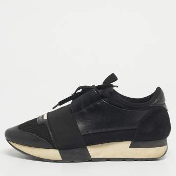 Pre Owned Balenciaga Black Leather and Mesh Race Runner Sneakers Size 37