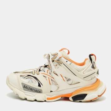 Pre Owned Balenciaga White/Orange Mesh and Faux Leather Track Low Top Sneakers Size 36