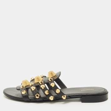 Pre Owned Balenciaga Black Leather Studded Arena Flat Slides Size 38