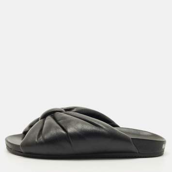 Pre Owned Balenciaga Black Leather Drapy Flat Slide Size 37