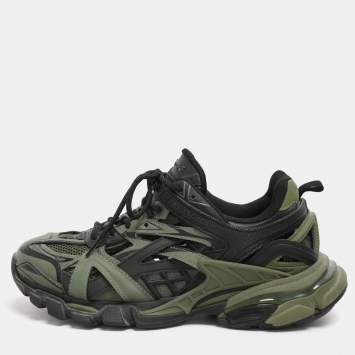 Pre Owned Balenciaga Green/Black Faux Leather and Mesh Track Low Top Sneakers Size 41