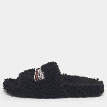 Pre Owned Balenciaga Black Shearing Logo Flat Slides Size 37